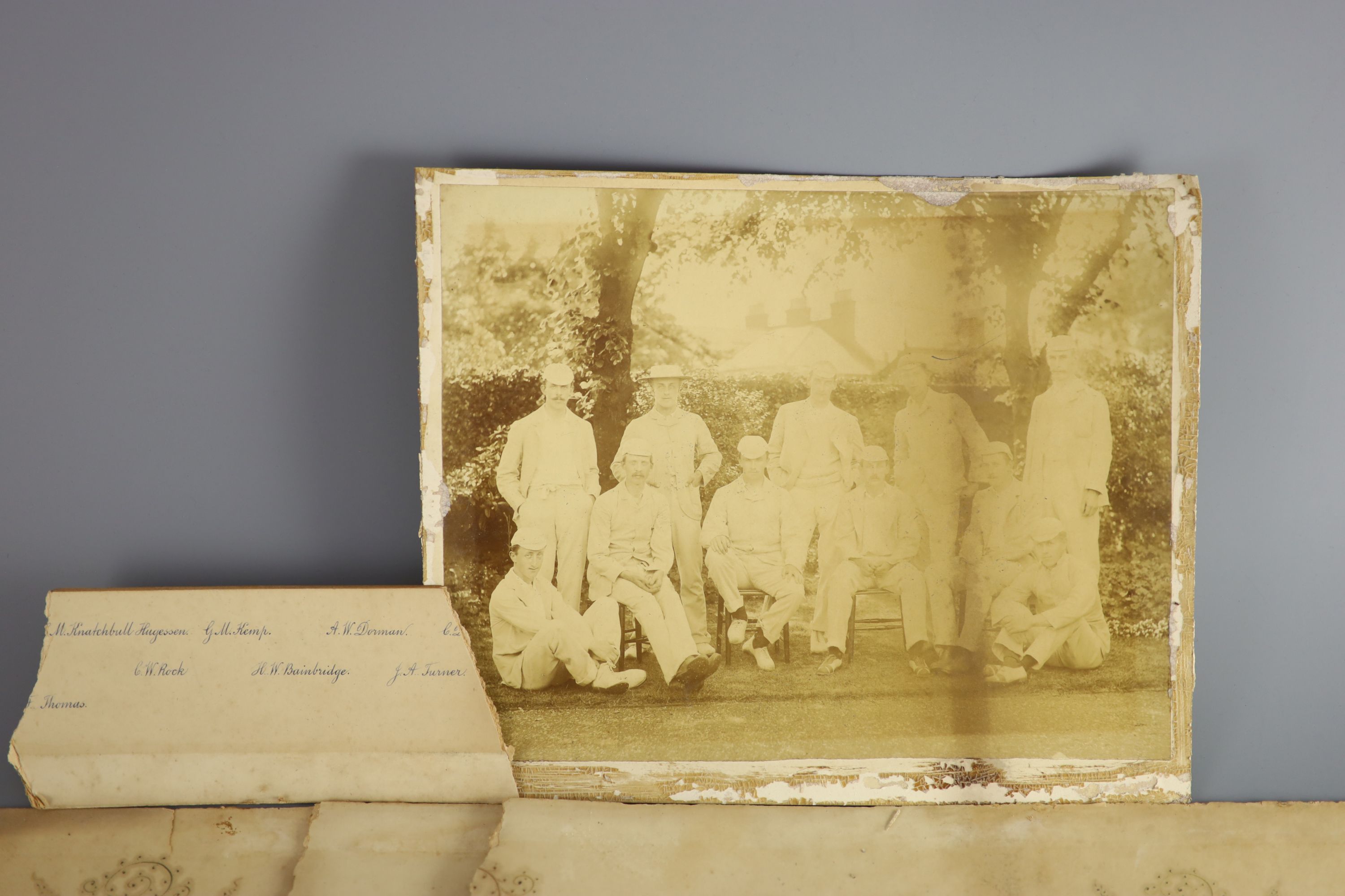 A set of three photographs of the Cambridge University Cricket 11 v Australians 1886, photographed by Hills & Saunders, overall 36 x 11